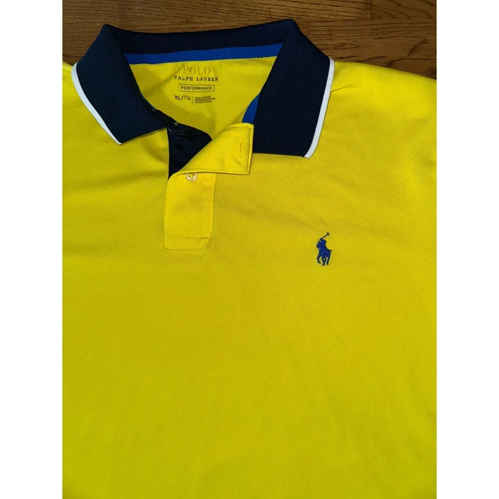 Polo Ralph Lauren Performance Mens XL Yellow Navy Blue Colorblock Golf Polo